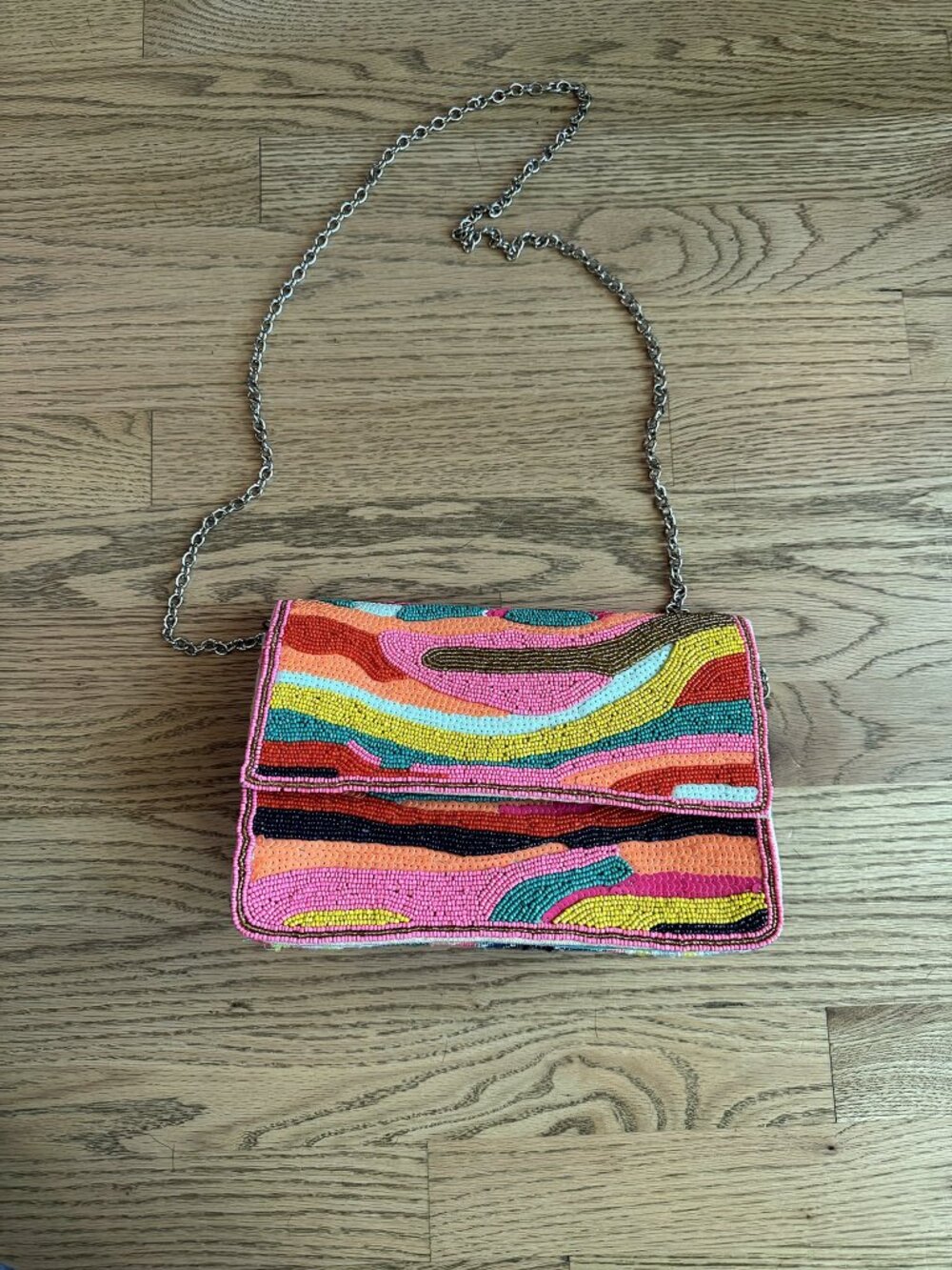 America & Beyond Beaded Sequin Crossbody Clutch Pink Multicolor Chain Never Used